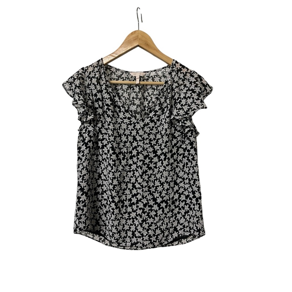 Rebecca Taylor Silk Black White Floral Flutter Sleeve Top S